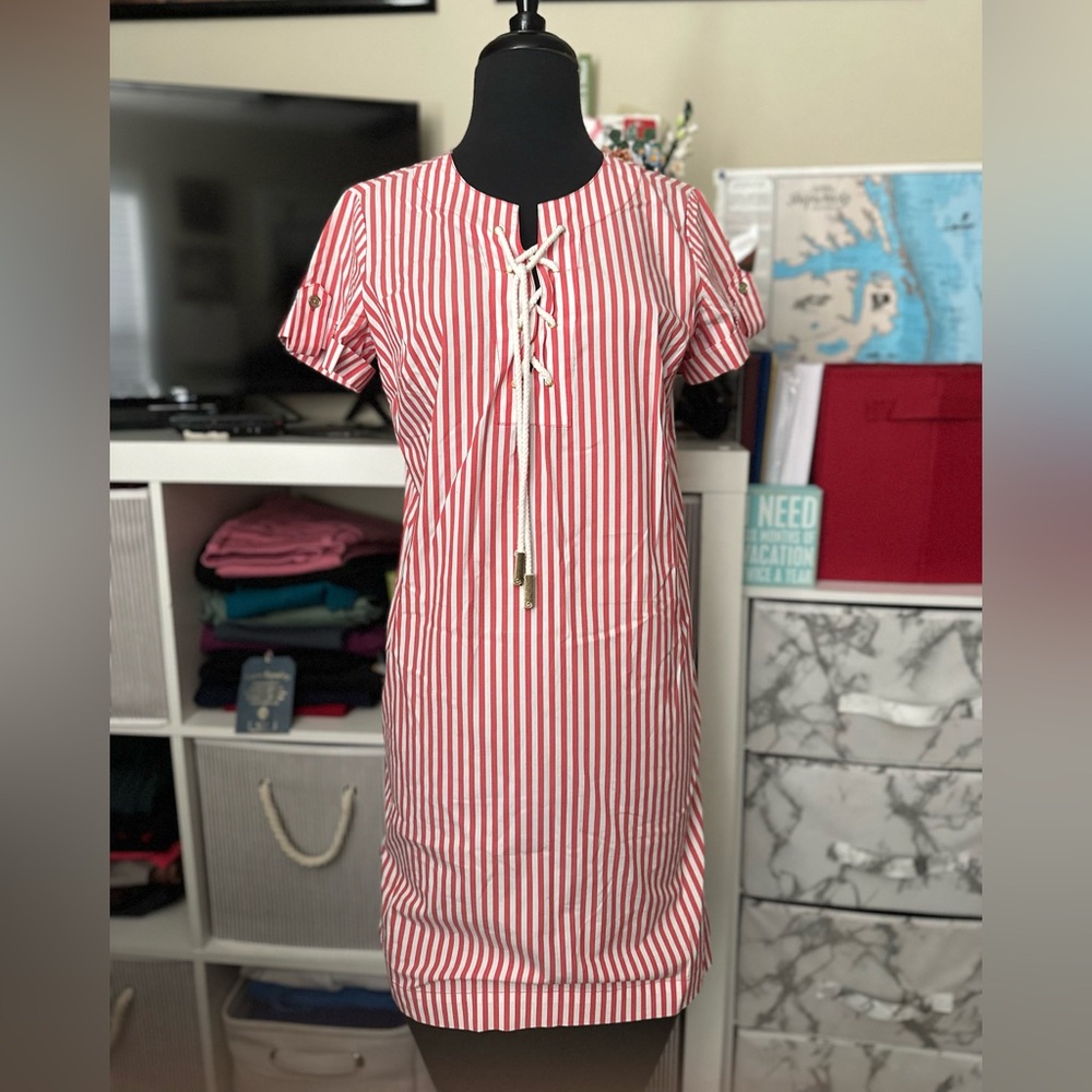 Michael Kors Red and White Striped Lace-Up Shift Dress